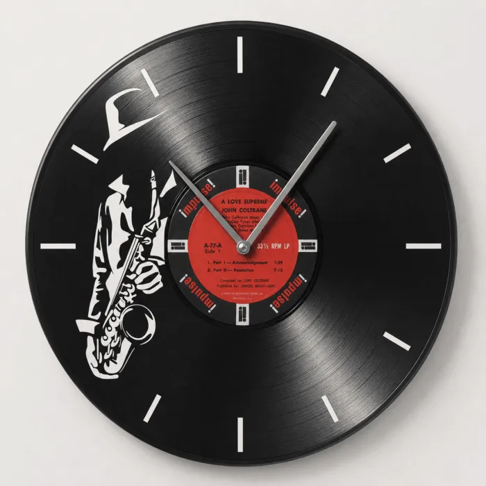 Ken_Coltrane_ A_Love_Supreme_red_lebel_vinyl_clock_time_machine Ρολόι Τοίχου Δίσκος Βινυλίου 30cm χρώμα: μαύρο A Love Supreme με LED φωτισμό - Image 1